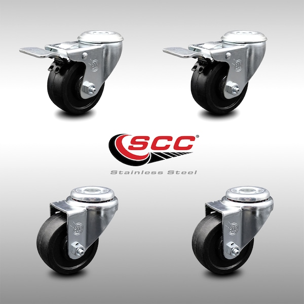 3.5 Inch SS Soft Rubber Swivel Bolt Hole Caster Set with 2 Total Lock Brake SCC